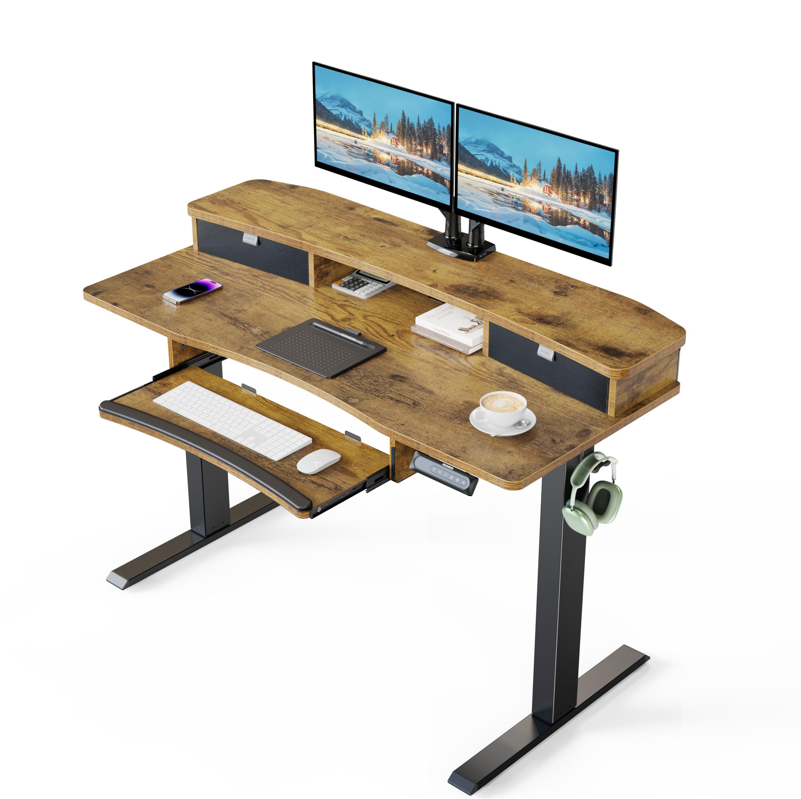 HUANUO 48" x 26" Electric Standing Desk with 2 Drawers & 26.7" Large Keyboard Tray, C-Clamp Mount Compatible, Adjustable Computer Desk for Home Office, Stand Up Desk with 4 Height Presets, Vintage