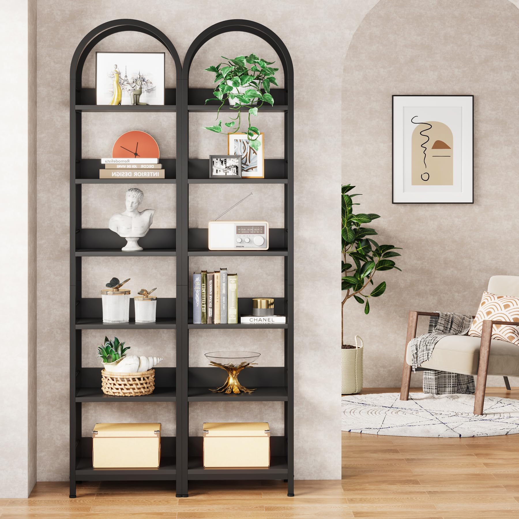 Tribesigns 6-Tier Open Bookshelf, 78.7" Tall Arched Bookcase Narrow Bookshelf with Metal Frame, Freestanding Corner Bookcase Display Shelves for Living Room, Home Office, Black