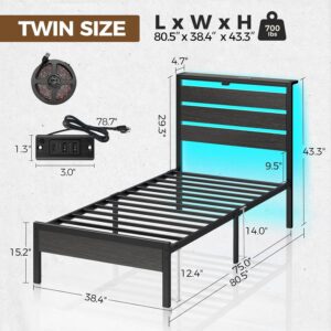 Rolanstar Bed Frame Twin Size with USB Charging Station, LED Bed Frame with Wood Storage Headboard, Black Metal Platform Bed with Under Bed Storage, No Box Spring Needed, Noise Free