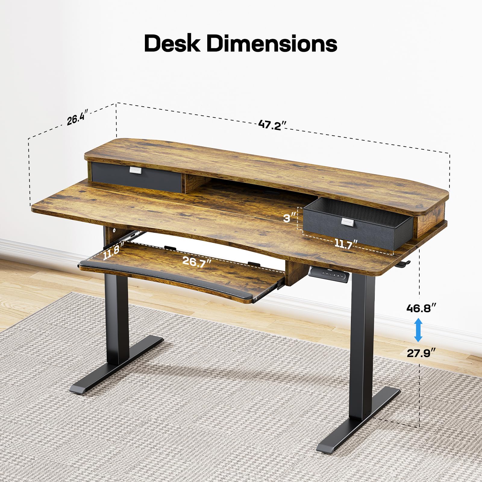 HUANUO 48" x 26" Electric Standing Desk with 2 Drawers & 26.7" Large Keyboard Tray, C-Clamp Mount Compatible, Adjustable Computer Desk for Home Office, Stand Up Desk with 4 Height Presets, Vintage