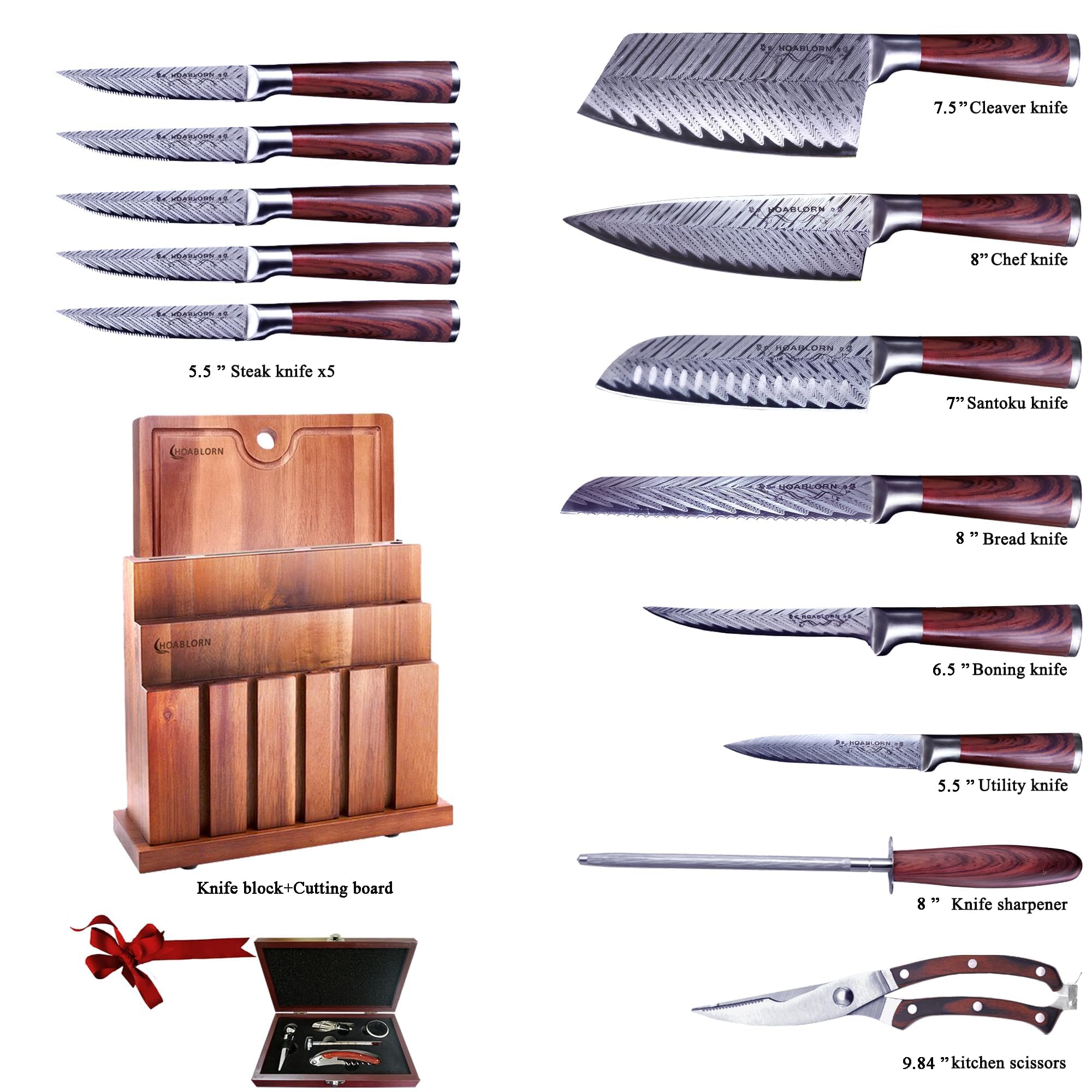 ChefHoablorn Damascus Knife Block Set 15PCS Kitchen Knife Set with Block Premium Chef Knife Set Stainless Steel Handle, Japanese Knife Set, Cutting Board, Wine Corkscrew Set Perfect Housewarming Gift