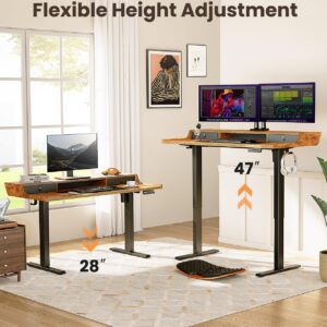 ErGear Electric Staning Desk with Drawers, 40x24 Small Gaming Desk with Monitor Stand, Stand up Desk, Home Office Height-Adjustable Desk with Storage Shelf, Vintage Brown, EGESD35V