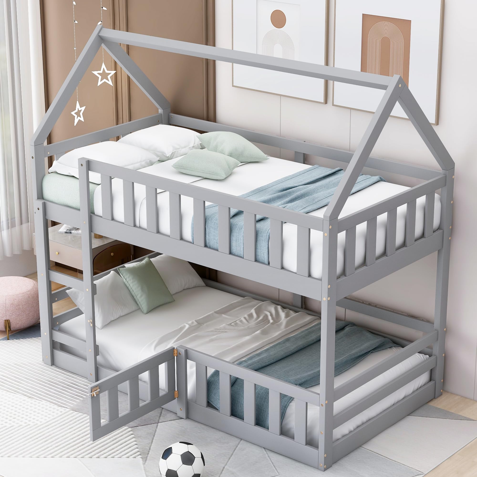 Harper & Bright Designs Twin Over Twin House Bunk Bed Frame for Boys Girls Kids Adults Toddler with Fence and Door, Gray