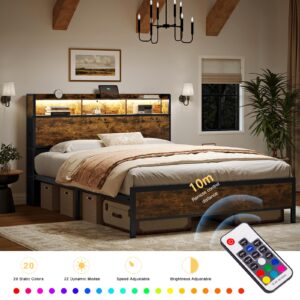 HAUSOURCE Queen Bed Frame with Bookcase Headboard and 6 Headboard Storage Drawers LED Lights Metal Platform Non-Slip Without Noise Metal Slats Support No Box Spring Needed