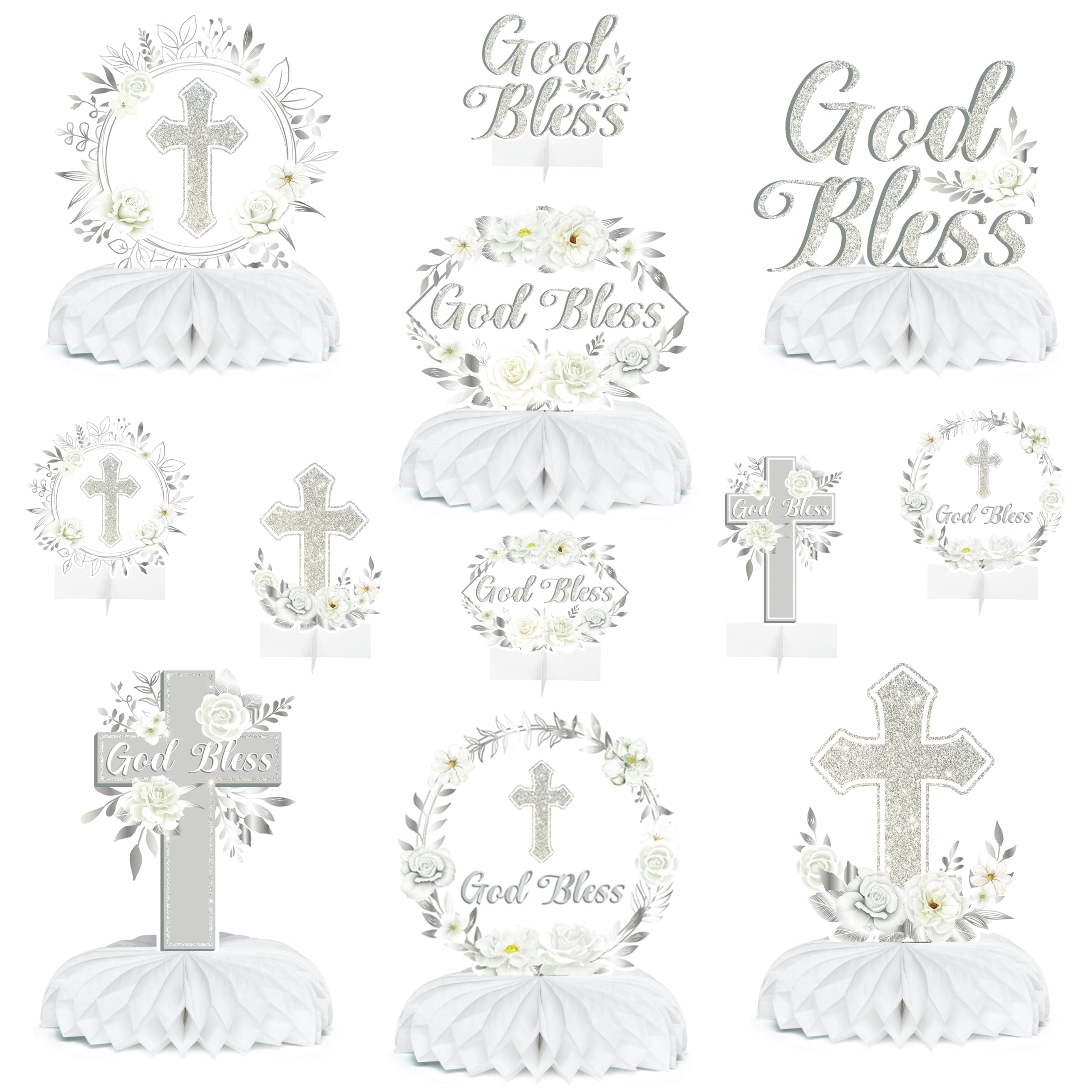 ANGOLIO White Sliver Floral Honeycomb Centerpieces - 12Pcs God Bless Table Decor Honeycomb Cross Centerpieces Baptism Religious Party Table Toppers for Bible Baby Shower Birthday Party Decor Supplies