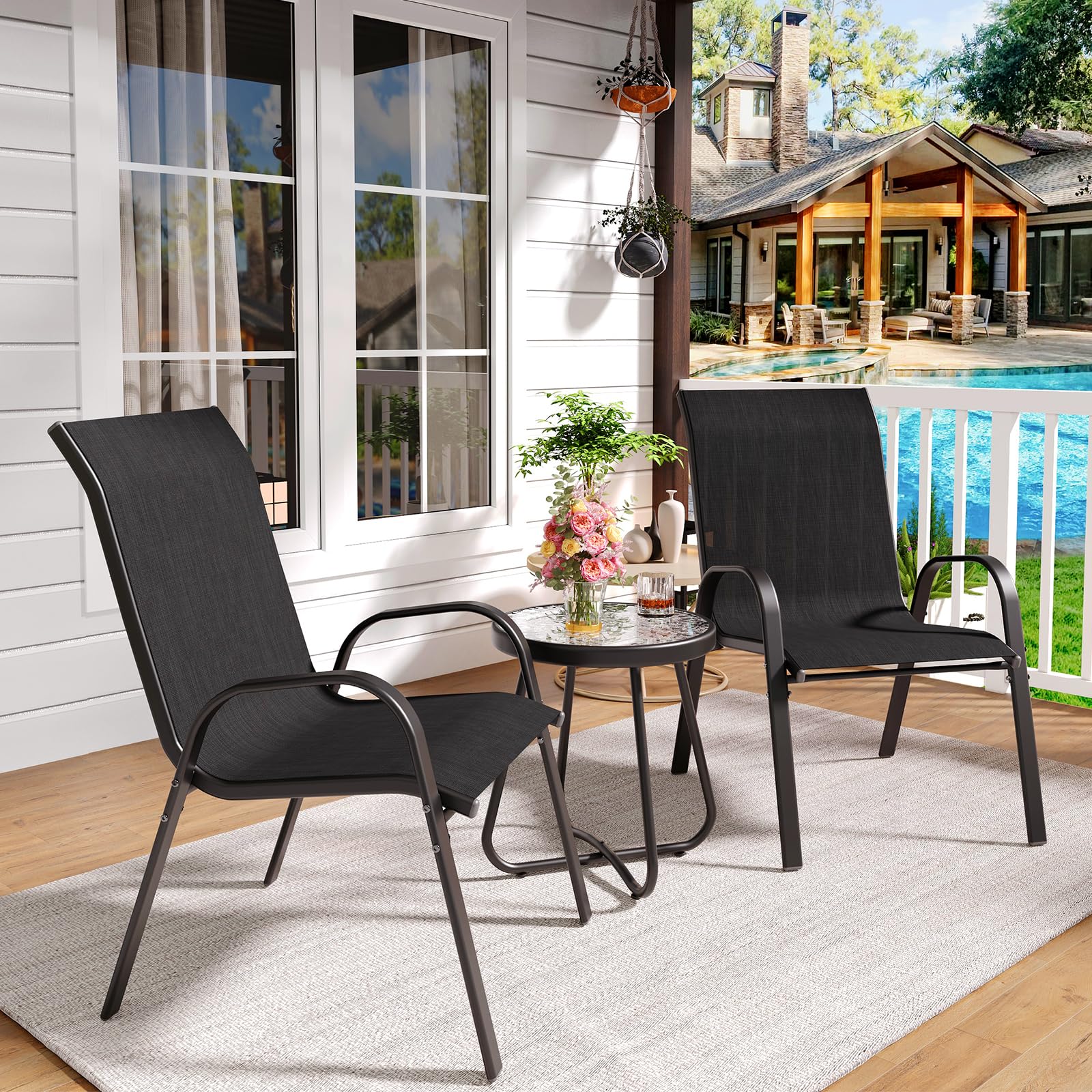 Amopatio 3 Piece Patio Set, Outdoor Stackable Dinging Chairs for All Weather, Breathable Garden Outdoor Furniture for Backyard Deck, Black