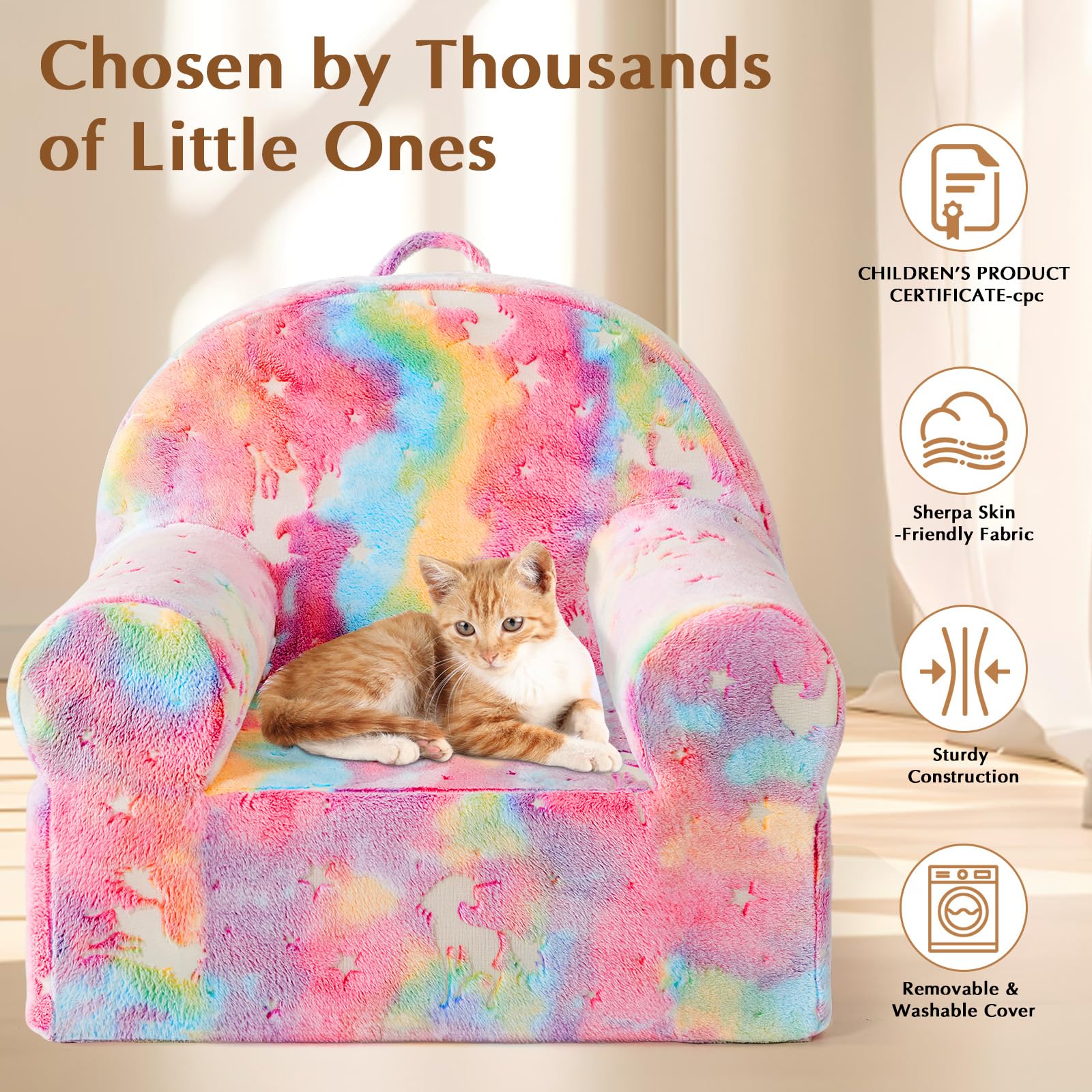 ILPEOD Toddler Chair Sherpa Couch Sherpa Kids Chair, Cuddly Comfy Toddler Plush Chair Toddler Couch Reading Chair for Kids Glow in The Dark Rainbow Pink