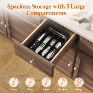 Lifewit Silverware Drawer Organizer Tray, Plastic Cutlery Storage for Kitchen Drawer, Flatware and Utensil Holder Divider for Spoons Forks Knives Tableware, 5 Compartment, Black