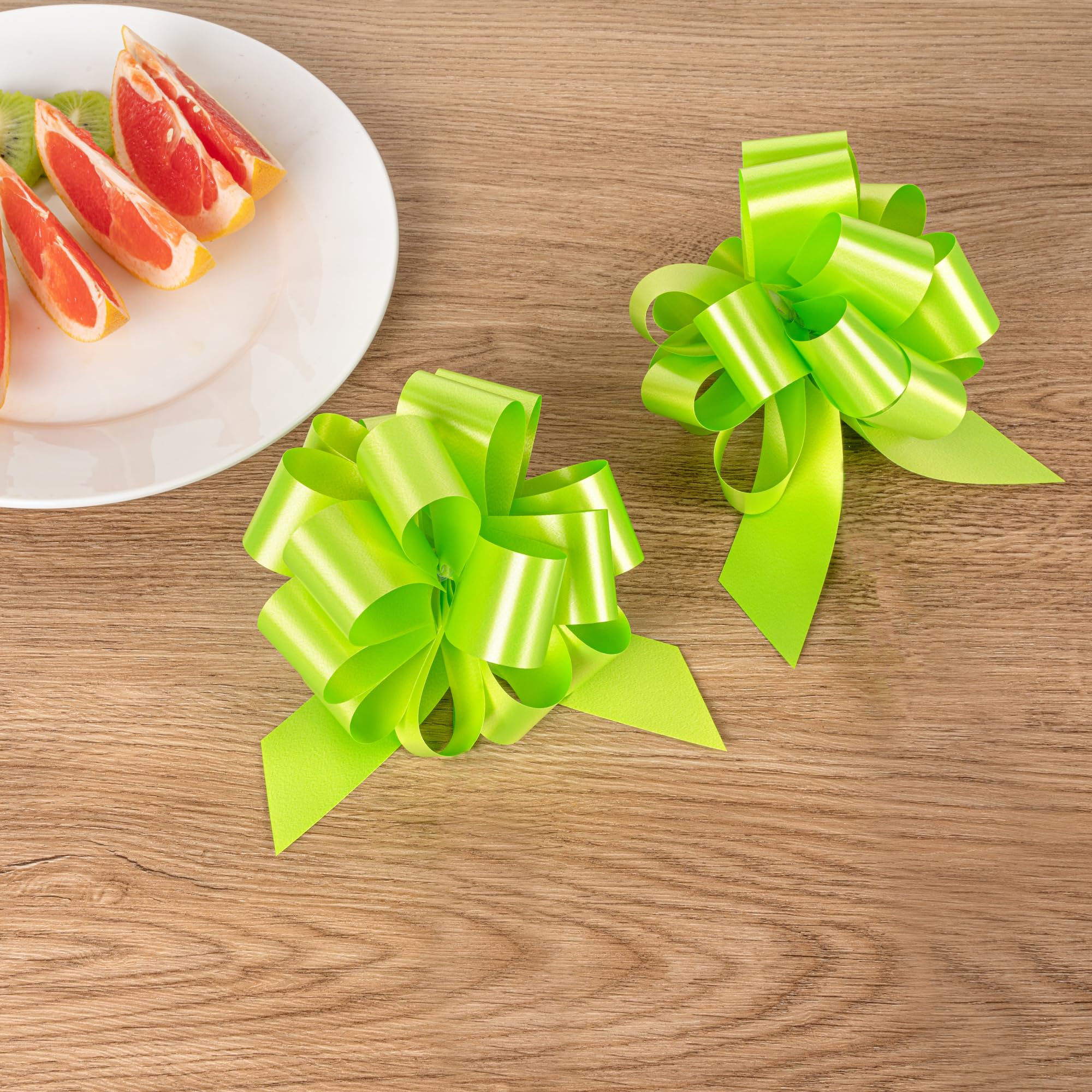 Restaurantware Gift Tek 5.5 Inch Ribbon Pull Bows 10 Satin Pull Bows - 20 Loops Instant Pull Design Green Plastic Flower Bows For Gifts Large For Wedding Baskets And Gift Wrapping