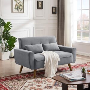 Soscana 48" Small Loveseat Sofa, Modern Linen Fabric Love Seat Couch, Upholstered 2-Seat Sofa with 2 Pillows and Wood Legs for Living Room, Apartment, Bedroom and Small Spaces,LightGrey