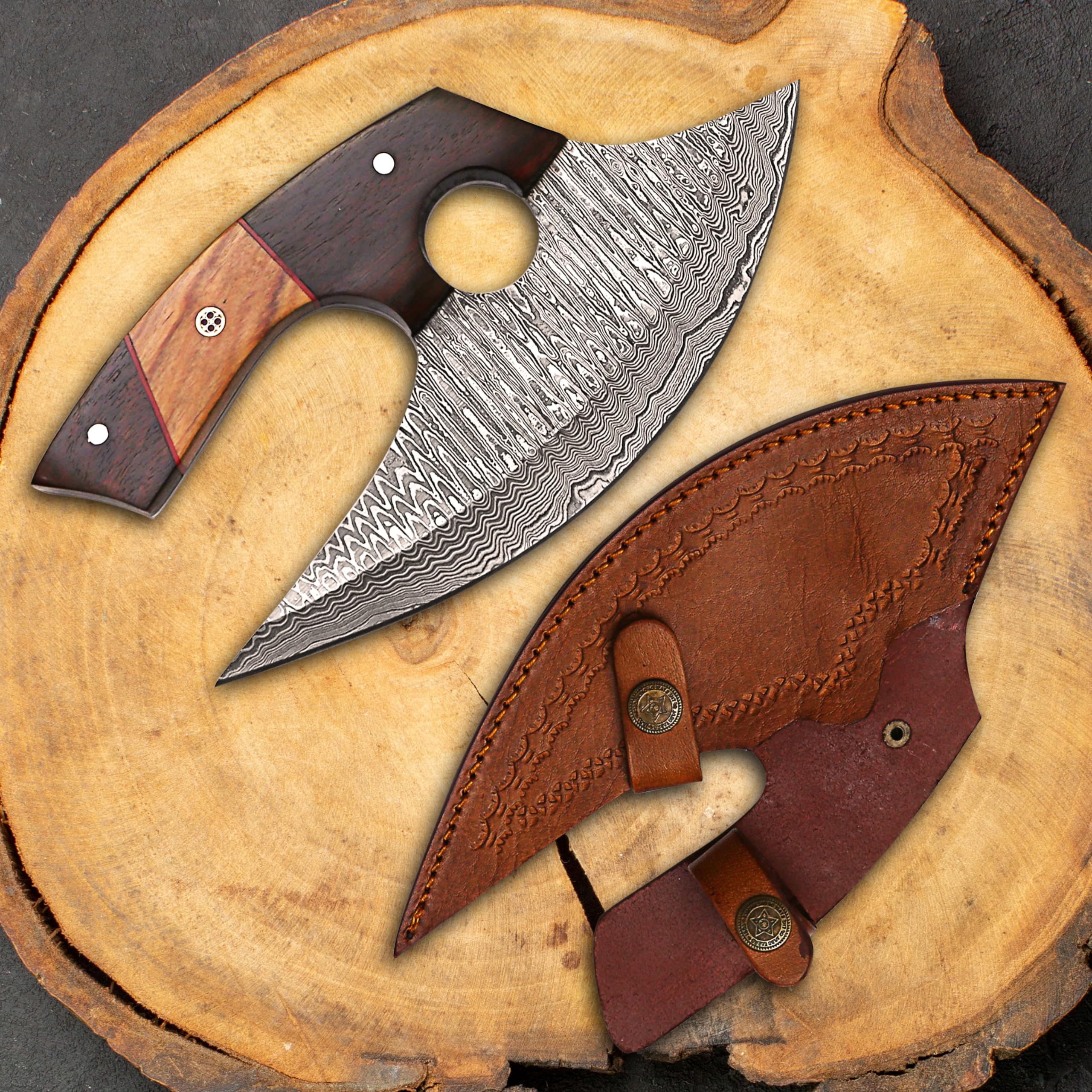 RC Damascus ULU Knife with Free Leather Sheath-7.4"Handmade Pizza Cutter with Non-Slip Handle-Alaskan Ulu Knife Used For Multi-Purpose And Gifting"Your SATISFACTION its ultimate goal!