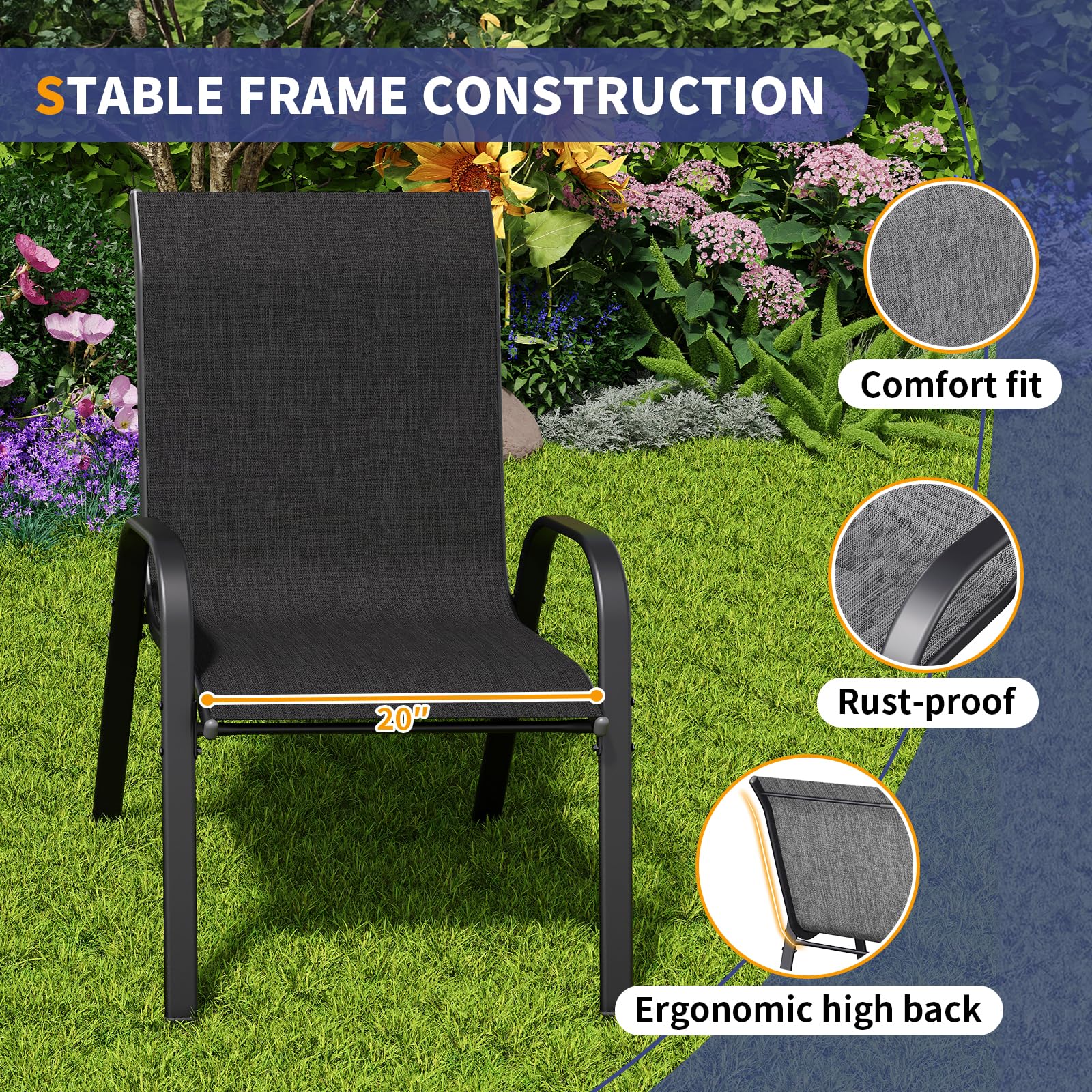 Amopatio 3 Piece Patio Set, Outdoor Stackable Dinging Chairs for All Weather, Breathable Garden Outdoor Furniture for Backyard Deck, Black