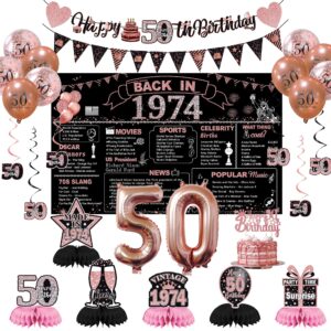 darunaxy 50th birthday party decorations for women, rose gold back in 1974 banner, rose gold 50 number balloons & cake topper, vintage 1974 50 birthday honeycomb hanging swirl confetti balloons(27pc)