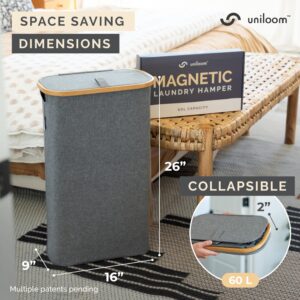 uniloom Slim Laundry Hamper with Lid & Bamboo Rim - 60L Waterproof Oxford Narrow Laundry Basket with Removable Bag & Long Handle - Sturdy Dirty Clothes Hamper with Lid & Magnetic Mesh Bag - Gray