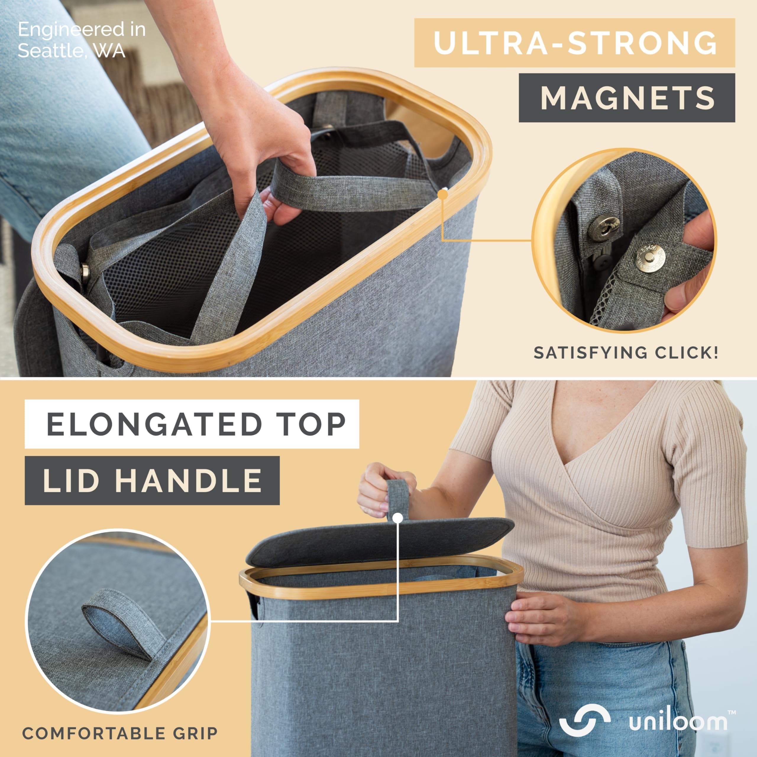 uniloom Slim Laundry Hamper with Lid & Bamboo Rim - 60L Waterproof Oxford Narrow Laundry Basket with Removable Bag & Long Handle - Sturdy Dirty Clothes Hamper with Lid & Magnetic Mesh Bag - Gray