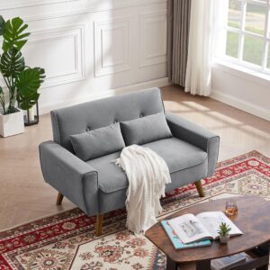 Soscana 48" Small Loveseat Sofa, Modern Linen Fabric Love Seat Couch, Upholstered 2-Seat Sofa with 2 Pillows and Wood Legs for Living Room, Apartment, Bedroom and Small Spaces,LightGrey