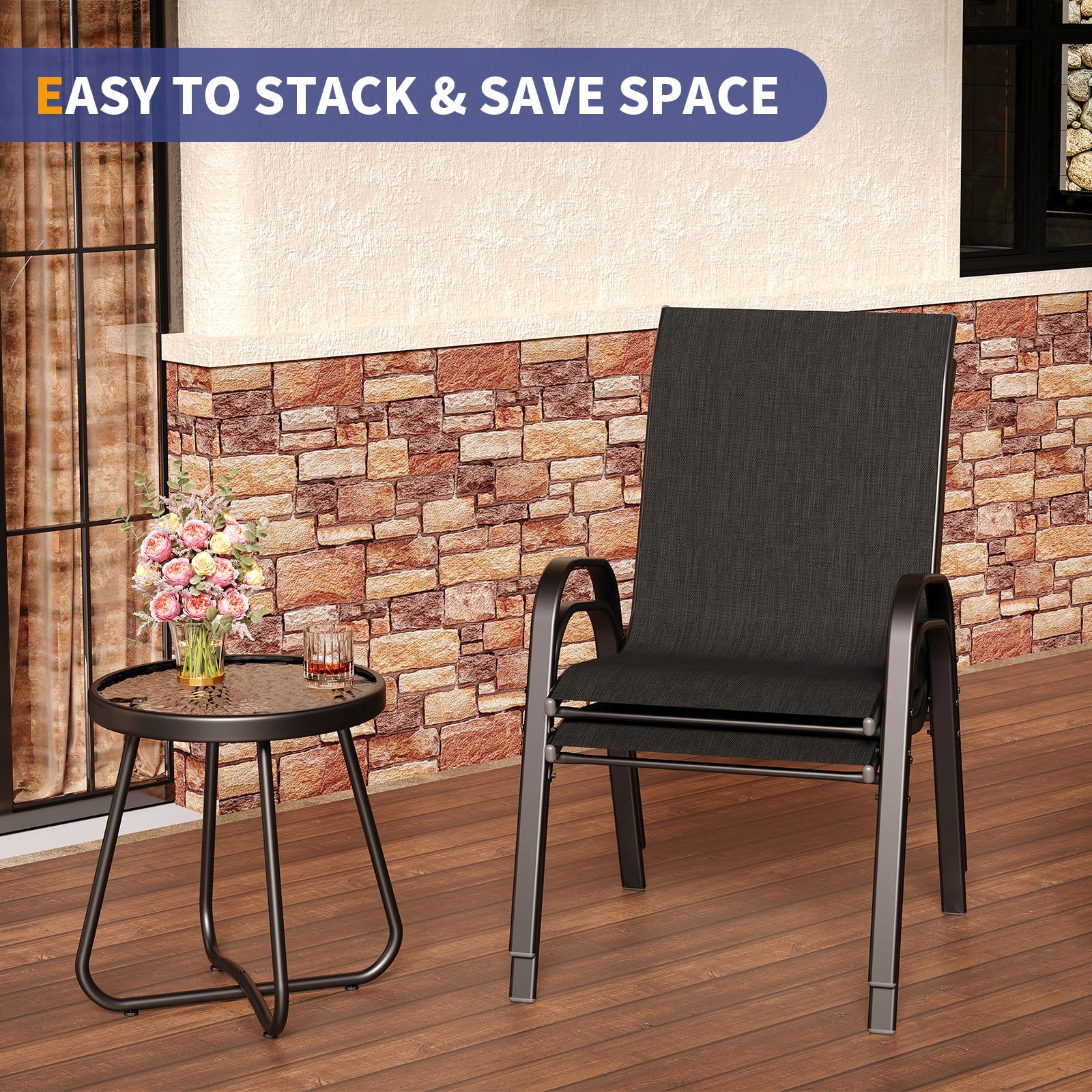 Amopatio 3 Piece Patio Set, Outdoor Stackable Dinging Chairs for All Weather, Breathable Garden Outdoor Furniture for Backyard Deck, Black