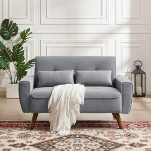 soscana 48" small loveseat sofa, modern linen fabric love seat couch, upholstered 2-seat sofa with 2 pillows and wood legs for living room, apartment, bedroom and small spaces,lightgrey