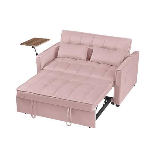 Comfy Velvet Tufted Upholstered Sofa Loveseat Convertible Futon Sofabed,Love Seat W/Pull Out Sleeper Couch Bed and 360 Adjustable Side Table for Coffee & Computer, Modern Compact Daybed