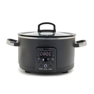 greenpan 6-in-1 4qt electric ceramic slow cooker with glass lid, multifunction presets, hard anodized pfas-free removeable nonstick crock, dishwasher safe, auto warm, delay timer, stews, reheat, black