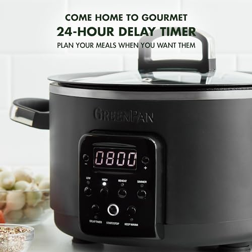 GreenPan 6-in-1 4QT Electric Ceramic Slow Cooker with Glass Lid, Multifunction Presets, Hard Anodized PFAS-Free Removeable Nonstick Crock, Dishwasher Safe, Auto Warm, Delay Timer, Stews, Reheat, Black