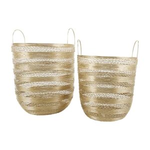 Deco 79 Metal Decorative and Functional Storage Basket Open Frame Wire Basket Organizer with Zig Zag Patterns, Set of 2 Basket for Storage 17", 15"H, Gold