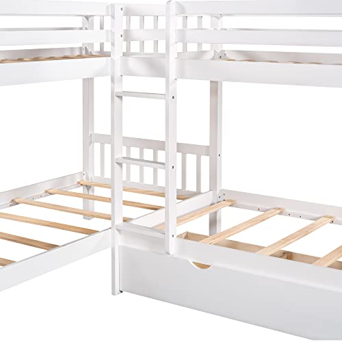 RORIGAT Twin Over Twin Quad Bunk Bed with Trundle Bed, L-Shape Bunk Bed for 4 with Ladder, Wooden Corner Bunk Bed for 4 Kids Boys Girls Teens,Gray