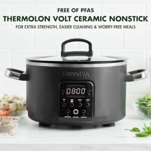 GreenPan 6-in-1 4QT Electric Ceramic Slow Cooker with Glass Lid, Multifunction Presets, Hard Anodized PFAS-Free Removeable Nonstick Crock, Dishwasher Safe, Auto Warm, Delay Timer, Stews, Reheat, Black