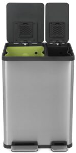 60 liter / 16 gallon rectangular hands-free dual compartment recycling kitchen step trash can with soft-close lid, brushed stainless steel (38l x 22l capacity)