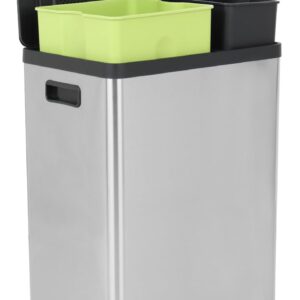 60 Liter / 16 Gallon Rectangular Hands-Free Dual Compartment Recycling Kitchen Step Trash Can with Soft-Close Lid, Brushed Stainless Steel (38L x 22L Capacity)