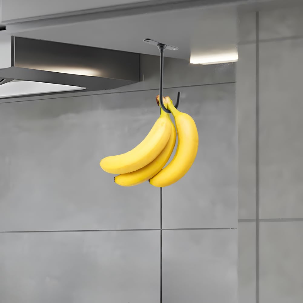 2PCS Banana Hook Under Cabinet, Rotatable Metal Banana Hanger Holder with 2 S Shape Hook and Screws, Kitchen Hook Banana Stand to Keep Bananas Fresh