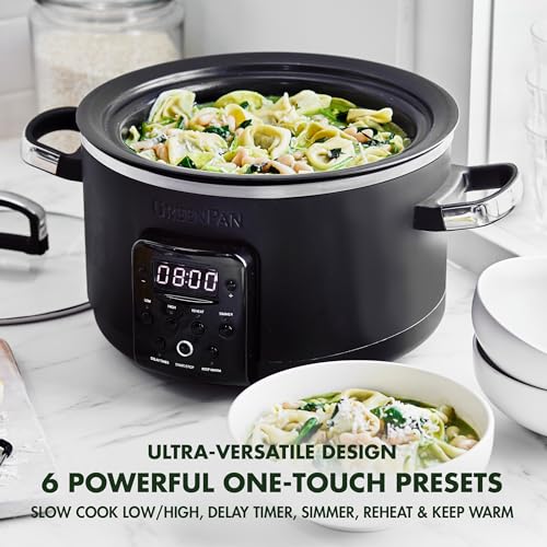 GreenPan 6-in-1 4QT Electric Ceramic Slow Cooker with Glass Lid, Multifunction Presets, Hard Anodized PFAS-Free Removeable Nonstick Crock, Dishwasher Safe, Auto Warm, Delay Timer, Stews, Reheat, Black