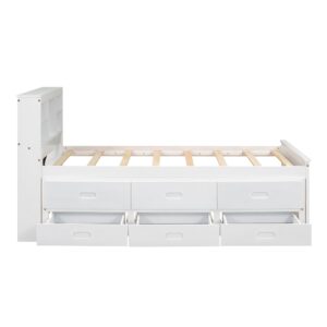 Twin Bed Frame with Bookcase Headboard and Charging Station, Wood Captain Bed with Trundle and Storage Drawers for Kids Boys Girls, Noise Free, No Box Spring Needed, White