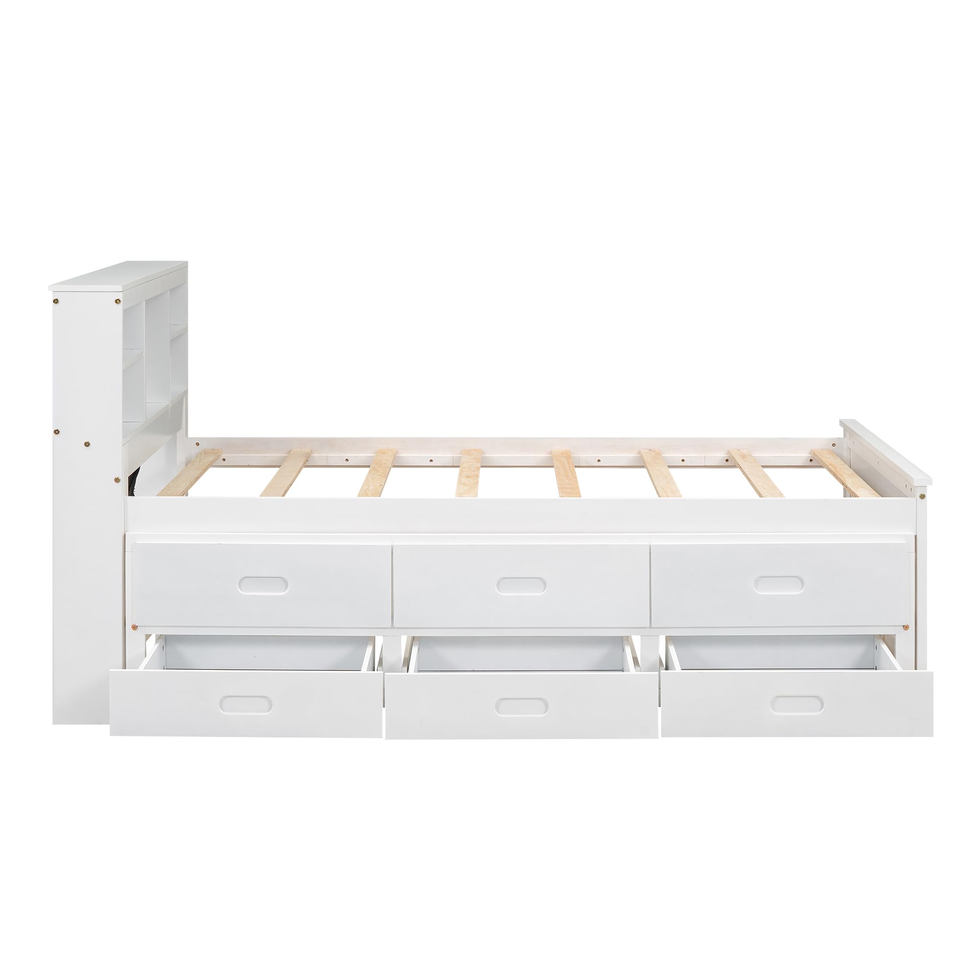 Twin Bed Frame with Bookcase Headboard and Charging Station, Wood Captain Bed with Trundle and Storage Drawers for Kids Boys Girls, Noise Free, No Box Spring Needed, White