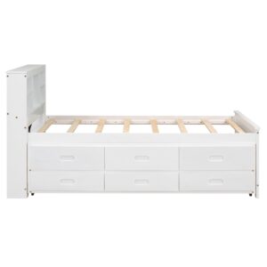 Twin Bed Frame with Bookcase Headboard and Charging Station, Wood Captain Bed with Trundle and Storage Drawers for Kids Boys Girls, Noise Free, No Box Spring Needed, White