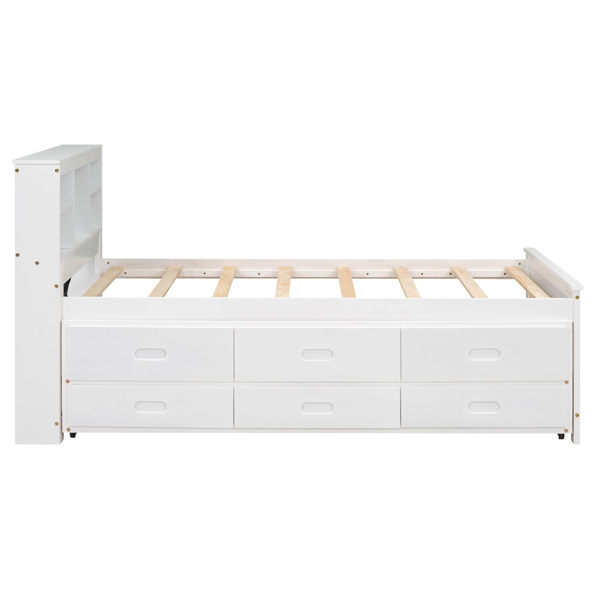 Twin Bed Frame with Bookcase Headboard and Charging Station, Wood Captain Bed with Trundle and Storage Drawers for Kids Boys Girls, Noise Free, No Box Spring Needed, White