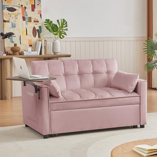 Comfy Velvet Tufted Upholstered Sofa Loveseat Convertible Futon Sofabed,Love Seat W/Pull Out Sleeper Couch Bed and 360 Adjustable Side Table for Coffee & Computer, Modern Compact Daybed