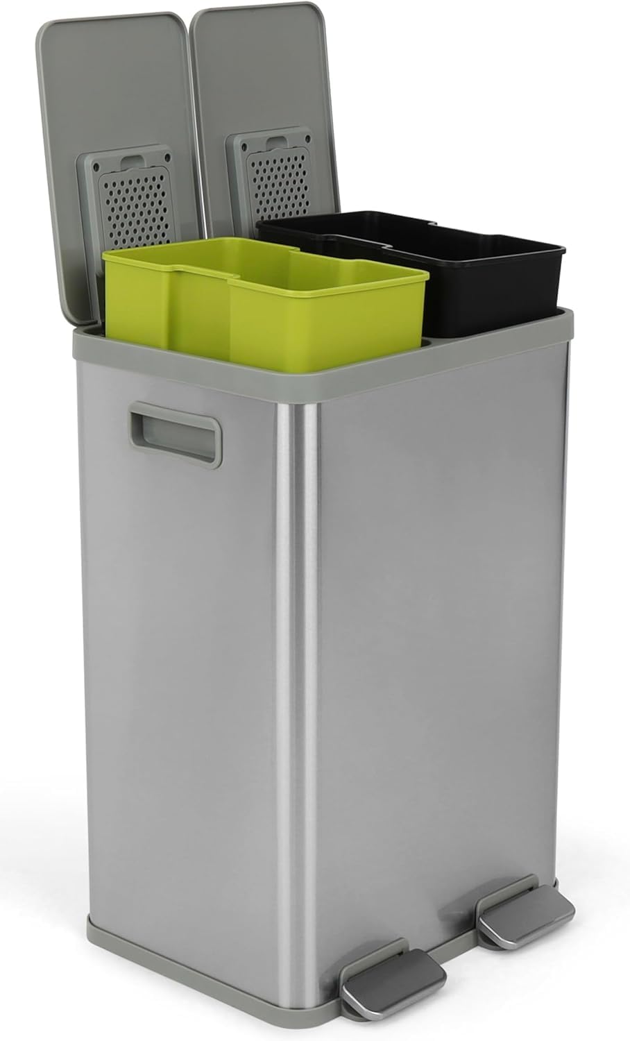 40 Liter Rectangular Hands-Free Dual Compartment Recycling Kitchen Step Trash Can with Soft-Close Lid, Brushed Stainless Steel (2 x 20L Capacity)