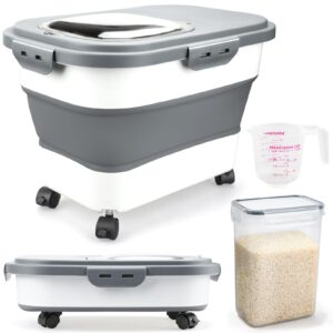 komzon rice storage containers, collapsible 20 to 30lbs food storage bin dispenser with rolling wheel and clear airtight lid, bpa free flour, sugar, cereal and dog cat pet food containers