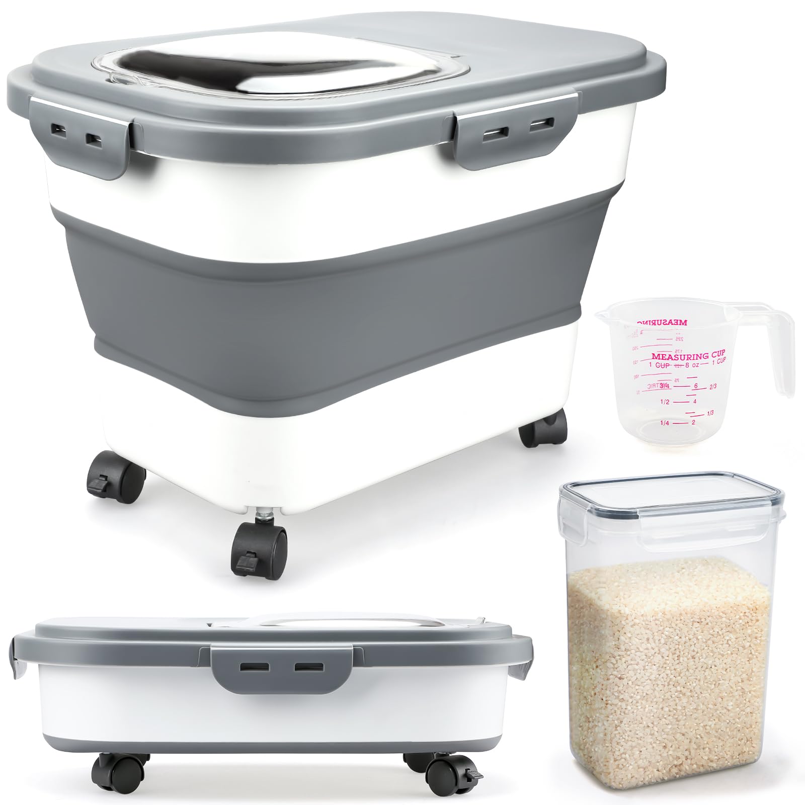 Komzon Rice Storage Containers, Collapsible 20 to 30Lbs Food Storage Bin Dispenser with Rolling Wheel and Clear Airtight Lid, BPA Free Flour, Sugar, Cereal and Dog Cat Pet food Containers