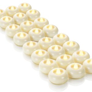 homemory 24 pack 2” flameless led floating candles, 200 hour battery operated flickering waterproof tealights for cylinder vases, centerpieces at wedding, party, pool, holiday (ivory base)