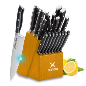 knife set, 19-piece german stainless steel kitchen knife set, premium knife block set with knife sharpener, dishwasher safe knife set with block for kitchen - 1 year refund warranty