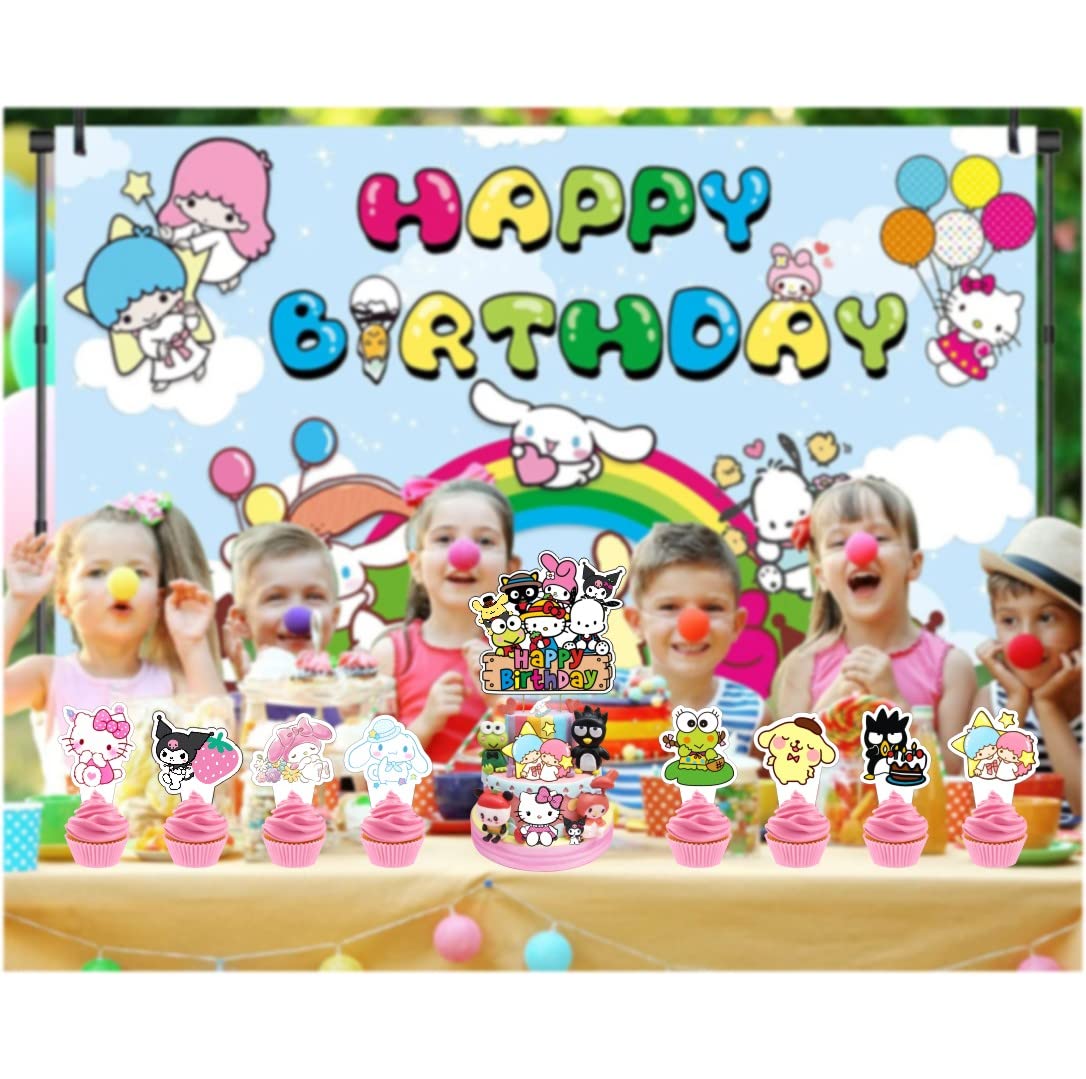 25Pcs Kitty and Friends Cake Topper and Cupcake Toppers Set, Cinnamoroll Kuromi and My Melody keroppi Birthday Party Supplies for Kawaii Themed Birthday Cake Decorations