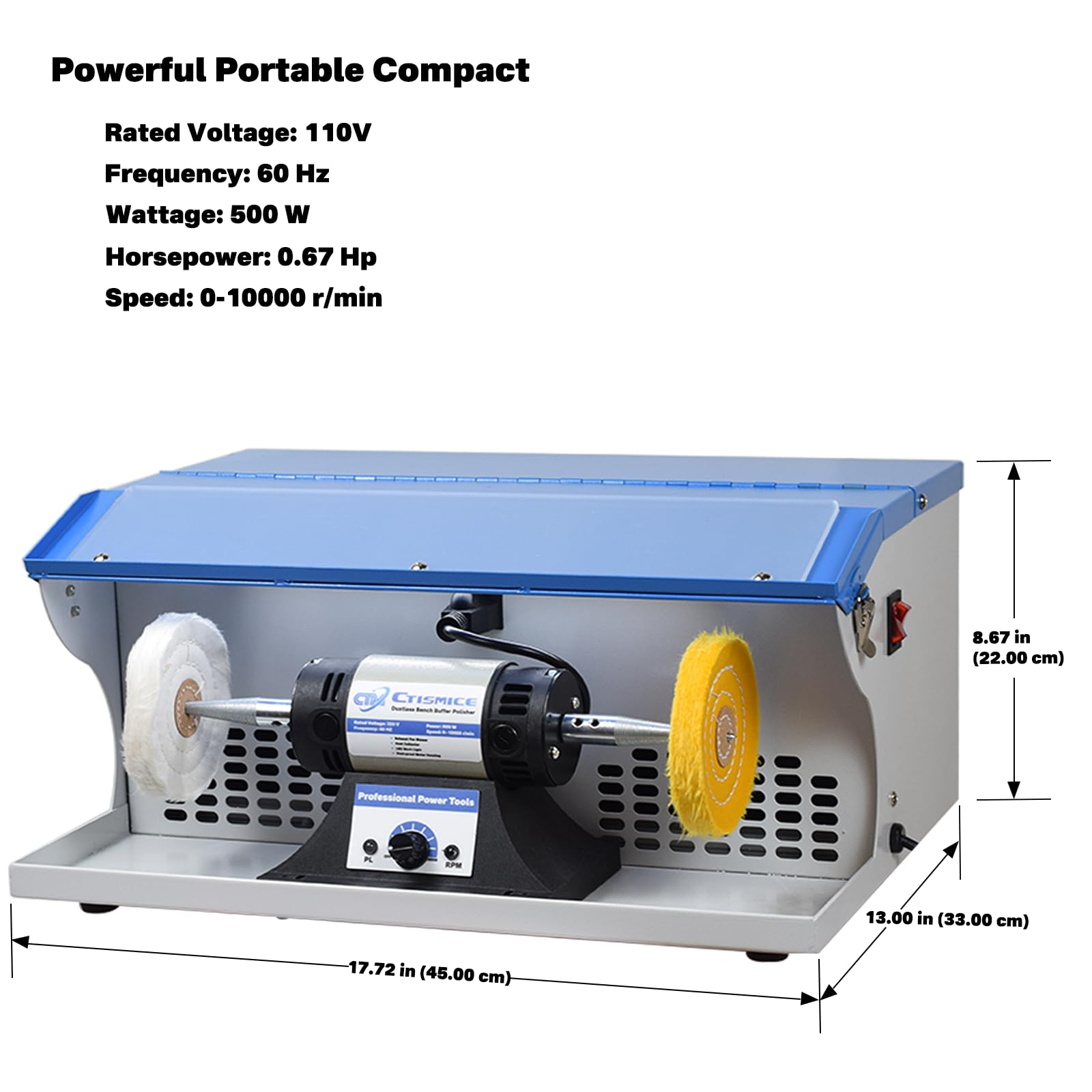 CTISMICE Jewelry Bench Polisher, Adjustable Variable Speed Polishing Buffing Machine, 500W Buffer Grinder with Exhaust Fan Blower, Dust Collector, Work Light and Motor Housing for Jewelry, Metal, Wood