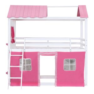 Favfurish Full Size Bunk Wood House Bed with Elegant Windows, Sills and Tent,Castle Design Wooden Bed Frame,w/Safety Guardrails & Ladder,for Kids,Teens,Boys,Girls,Pink+White