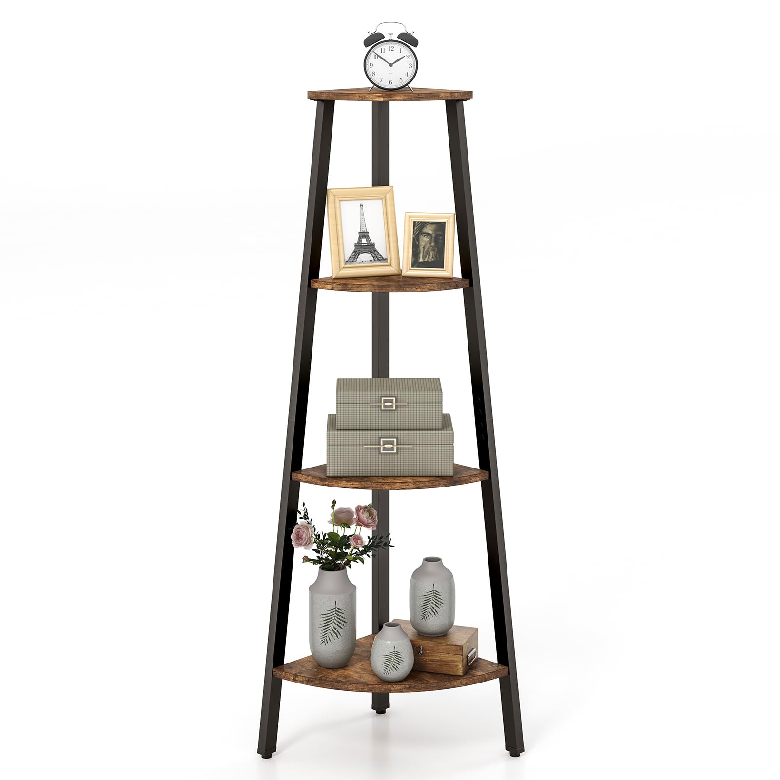 GOFLAME 4-Tier Industrial Corner Shelf, Freestanding Corner Ladder Bookshelf with Anti-Tipping Kit, Multipurpose Display Rack, Plant Stand for Home Office, Living Room, Bedroom, Kitchen, Rustic Brown