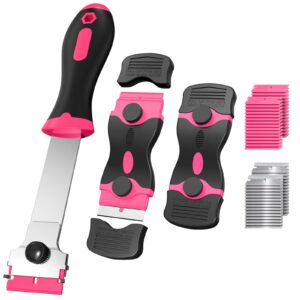 ywmoml 3 pack razor blade scraper, plastic razor blade scraper, scraper tool with extra 30 plastic razor blades and 30 metal blades, razor scraper for gum, cooktop, wallpaper or glass tool (pink)