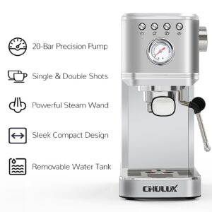 CHULUX Kompatto Espresso Machine 20 Bar with Milk Frother, Stainless Steel Automatic Espresso Coffee Machine for Home Latte & Cappuccino Maker, 40oz Removable Water Tank, 1350W