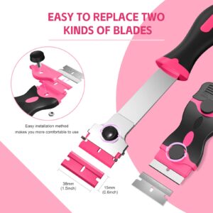 Ywmoml 3 Pack Razor Blade Scraper, Plastic Razor Blade Scraper, Scraper Tool with Extra 30 Plastic Razor Blades and 30 Metal Blades, Razor Scraper for Gum, Cooktop, Wallpaper or Glass Tool (Pink)