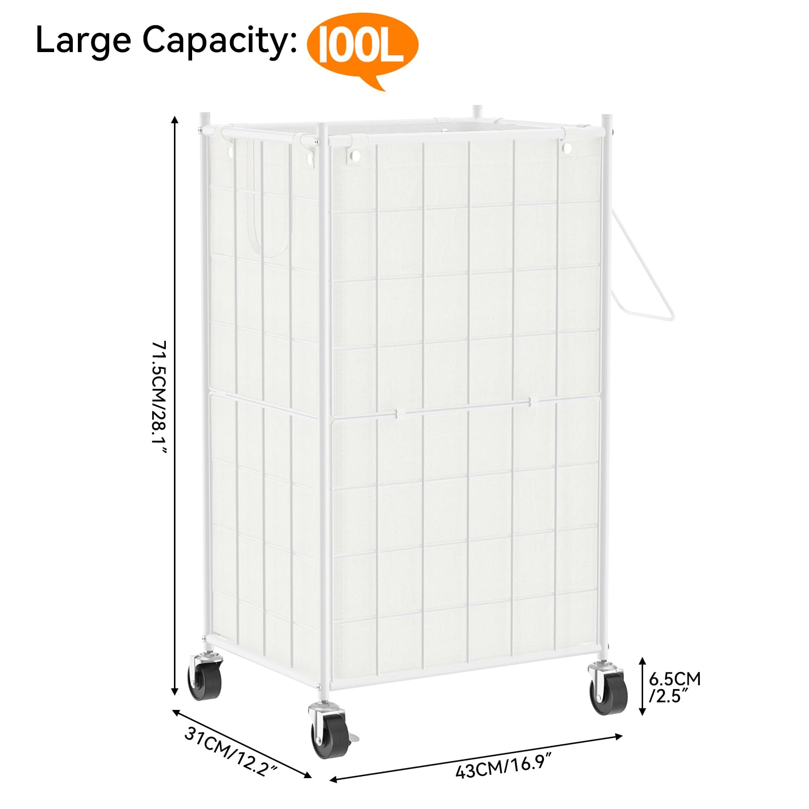 WOWLIVE Laundry Hamper with Wheels,Metal Wire Frame Rolling Laundry Basket with Removable bag,100L Dirty Clothes Hamper Organizer Dorm Room Storage for Bedroom,Bathroom,White